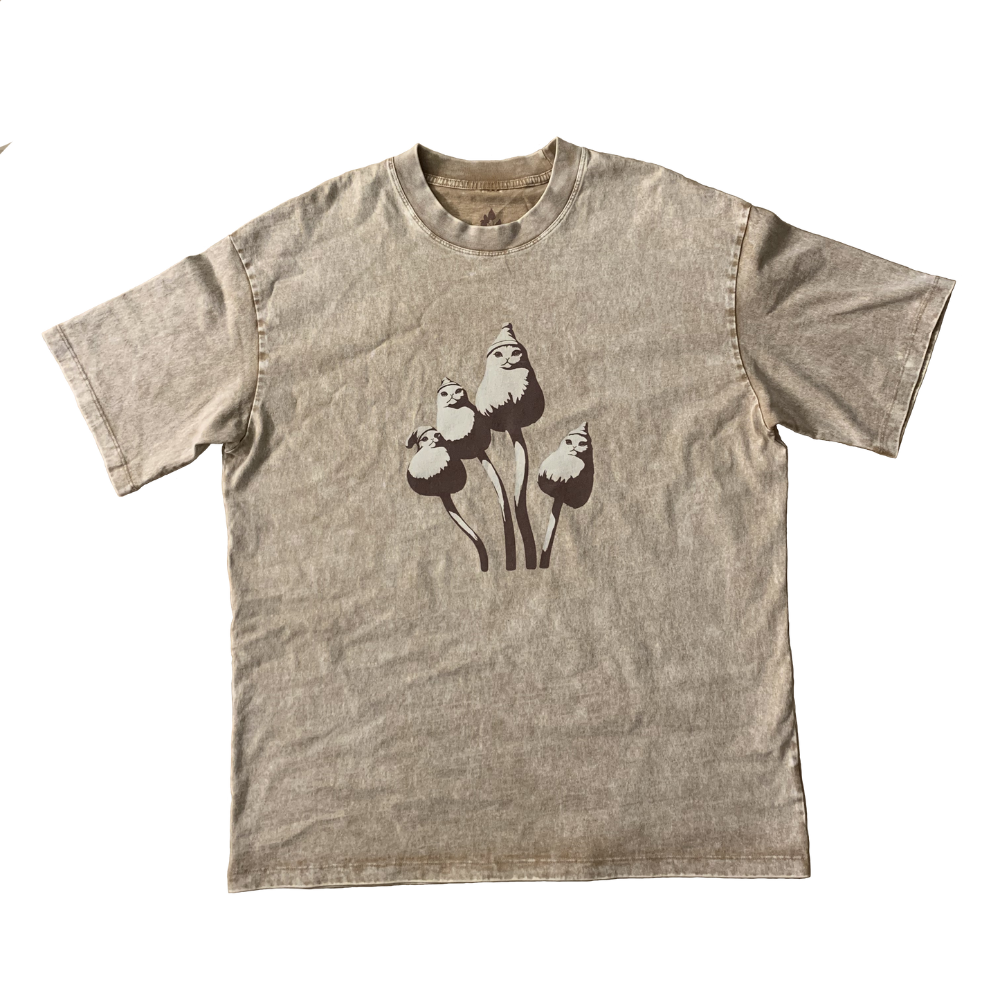 A beige oversized t-shirt with a graphic duotone print of cats wearing hats in the shape of the liberty cap psilocybe semilanceata