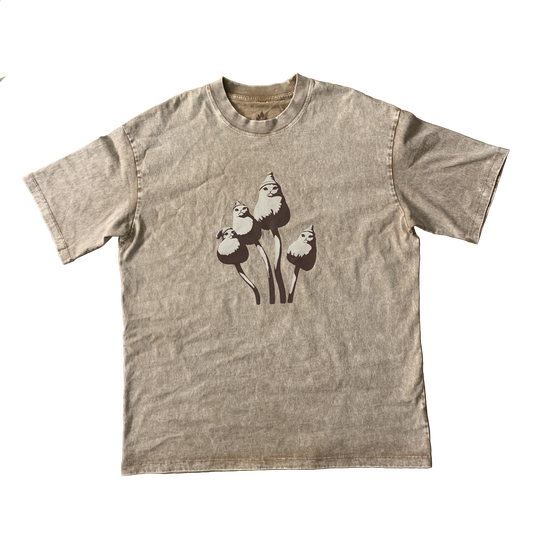 A beige oversized t-shirt with a graphic duotone print of cats wearing hats inspired by the liberty cap psilocybe semilanceata