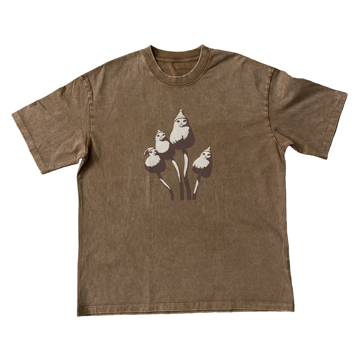A brown oversized t-shirt with a graphic duotone print of cats wearing hats in the shape of the liberty cap psilocybe semilanceata