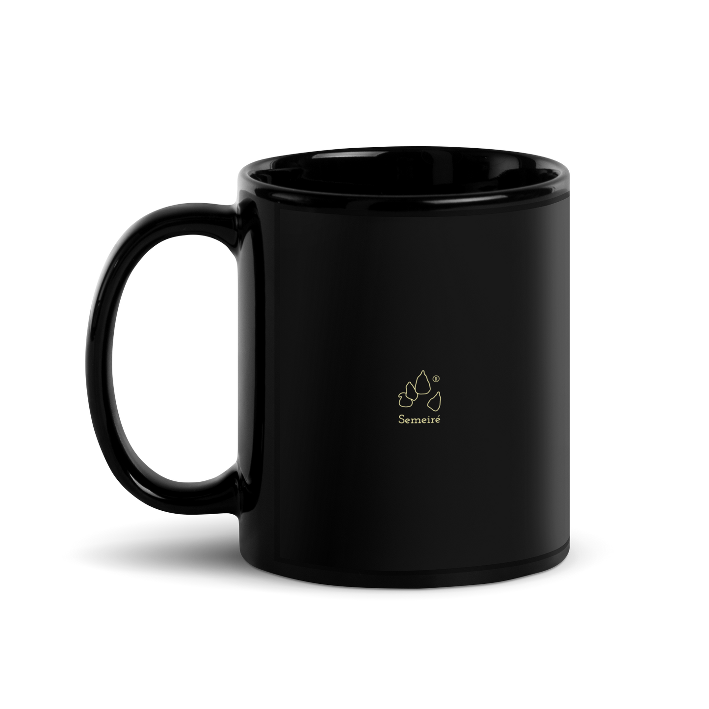 Black mug with a nature-themed design featuring a moon and trees this side shows the Semeiré logo