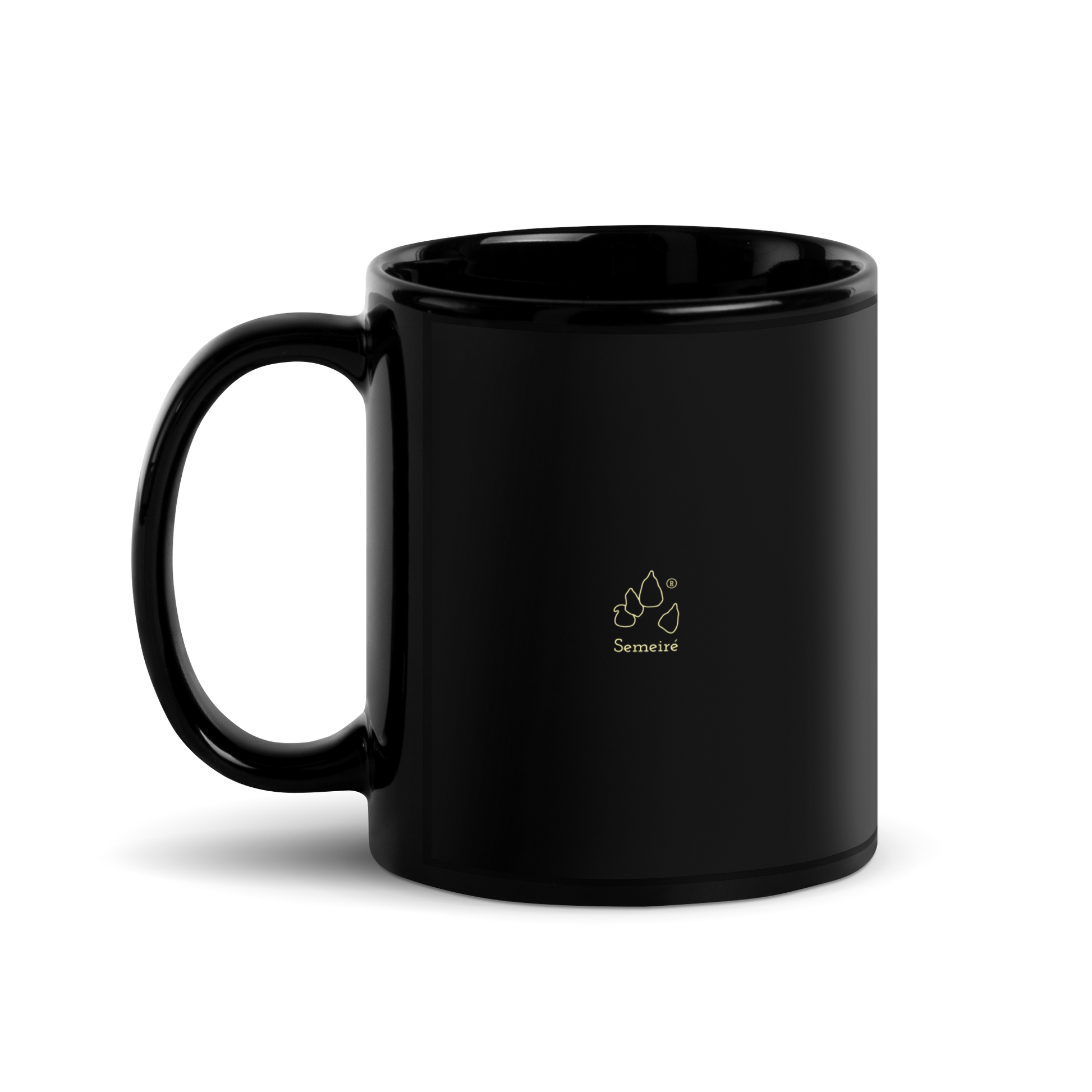 Black mug with a nature-themed design featuring a moon and trees this side shows the Semeiré logo