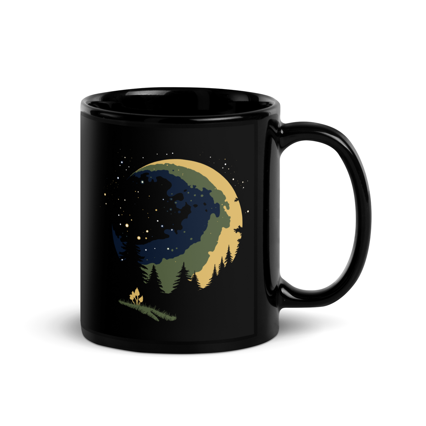 Black mug with a nature-themed design featuring a moon and trees main image