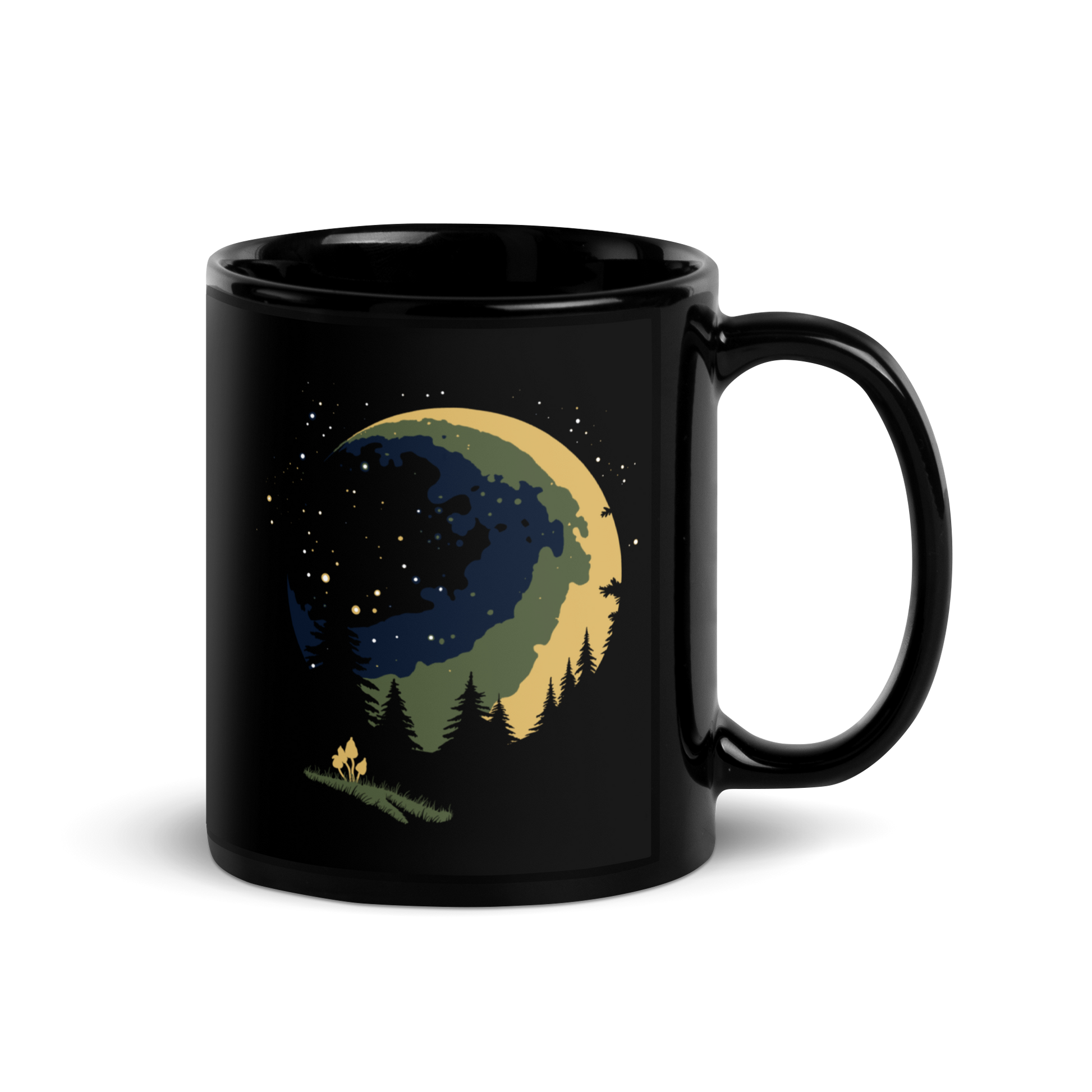 Black mug with a nature-themed design featuring a moon and trees main image