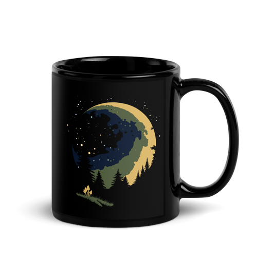 Black mug with a nature-themed design featuring a moon and trees main image