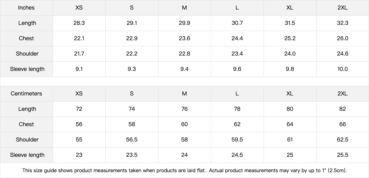 Size chart comparing inches and centimeters for clothing measurements.