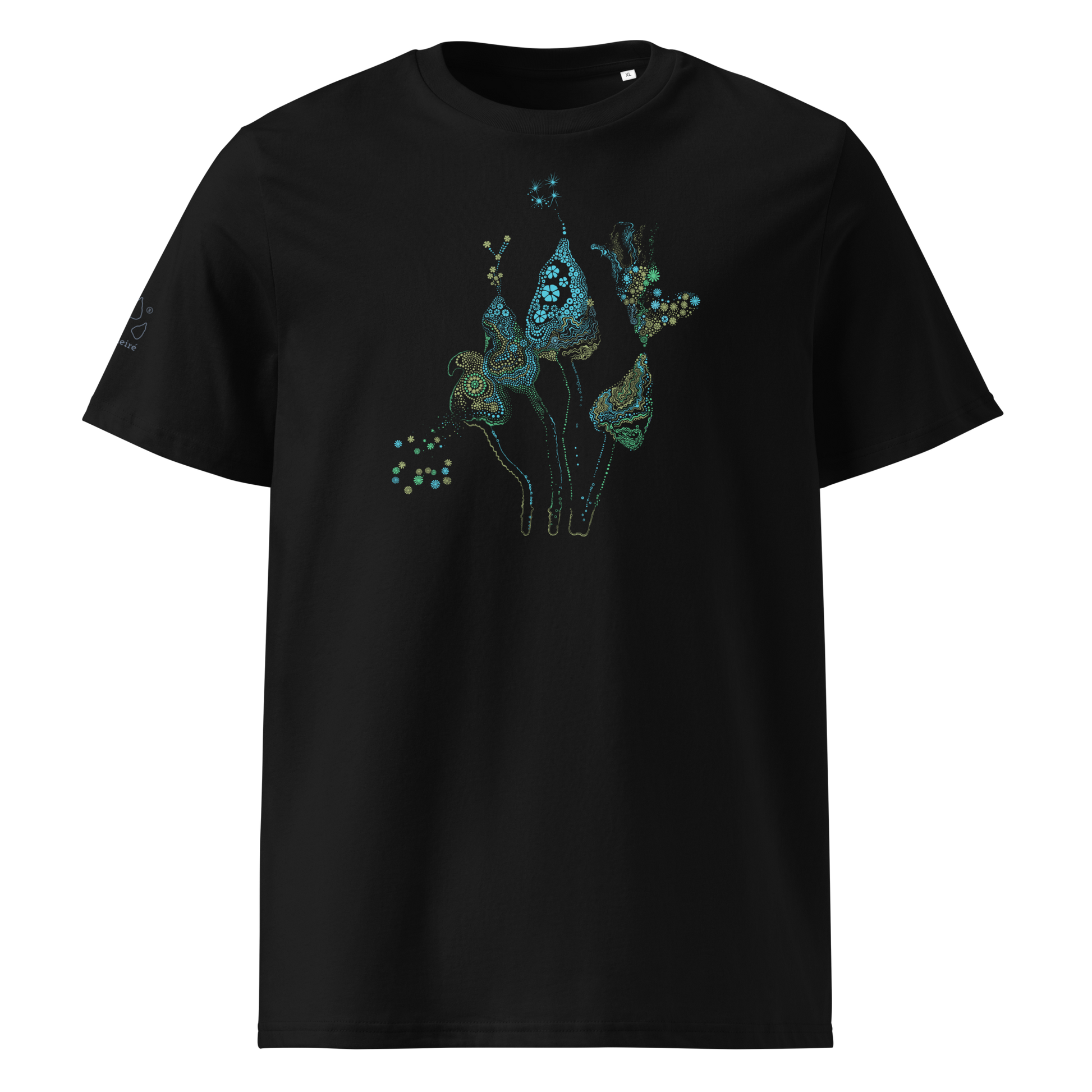 Black t-shirt with a decorative blue design on a black background